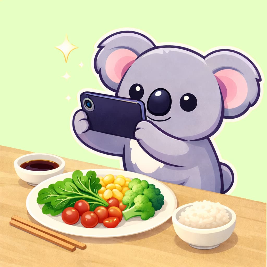 The Goala koala photographing a plate of vegetables, rice, and broccoli